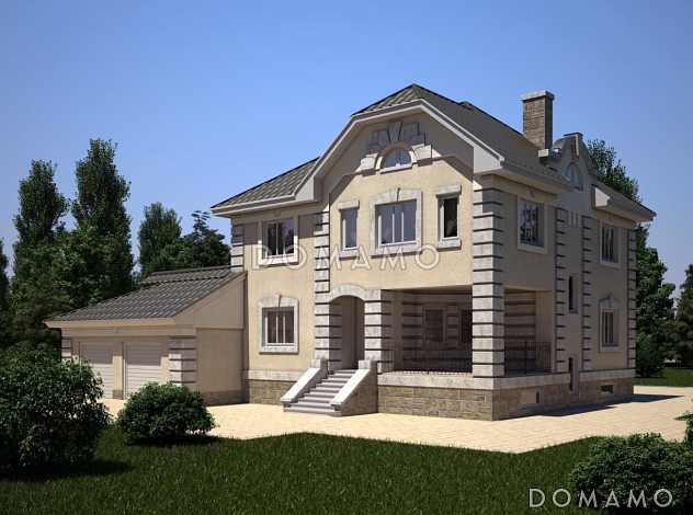 Проект классического дома с эркером, гаражом на два автомобиля, бильярдной, бассейном на первом этаже