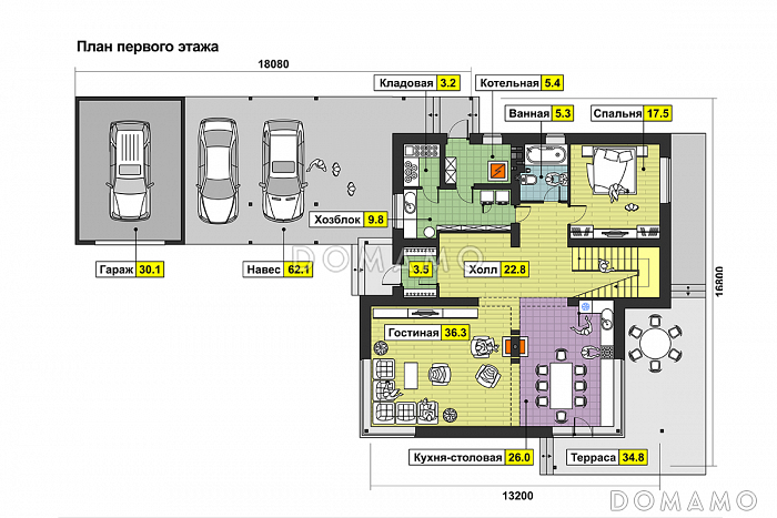 Проект дома с гаражом и навесом для автомобилей, просторной гостиной, спальней на первом этаже, террасой, вторым светом, длинным балконом / План 1 этажа