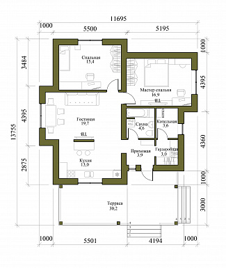 Проект одноэтажного каркасного дома с мастер-спальней и крытой террасой / План 1 этажа