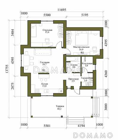 Проект одноэтажного каркасного дома с мастер-спальней и крытой террасой / План 1 этажа