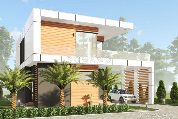 Проект дома с большой террасой и навесом для автомобиля S-158