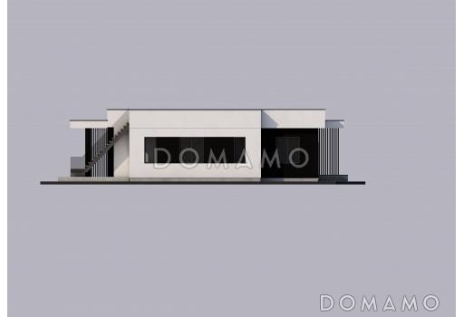 Проект одноэтажного просторного дома в стиле хай-тек с эксплуатируемой кровлей и просторной террасой / Фасад 1