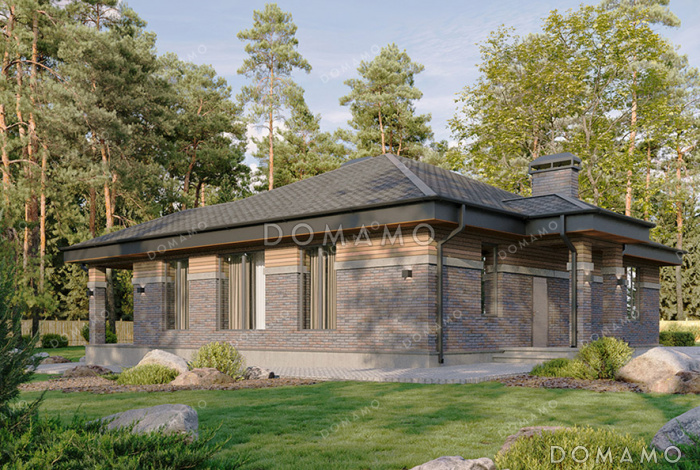 Проект одноэтажного дома с мастер-спальней, просторной кухней-гостиной, сауной и постирочной