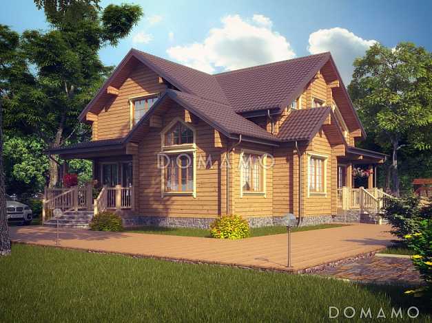 Проект деревянного дома с тремя спальнями на втором этаже и кабинетом с выходом на балкон