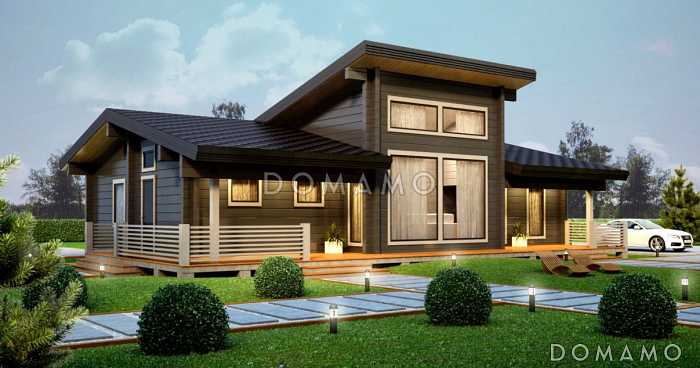 Проект одноэтажного дома из клееного бруса с тремя спальнями и большой террасой