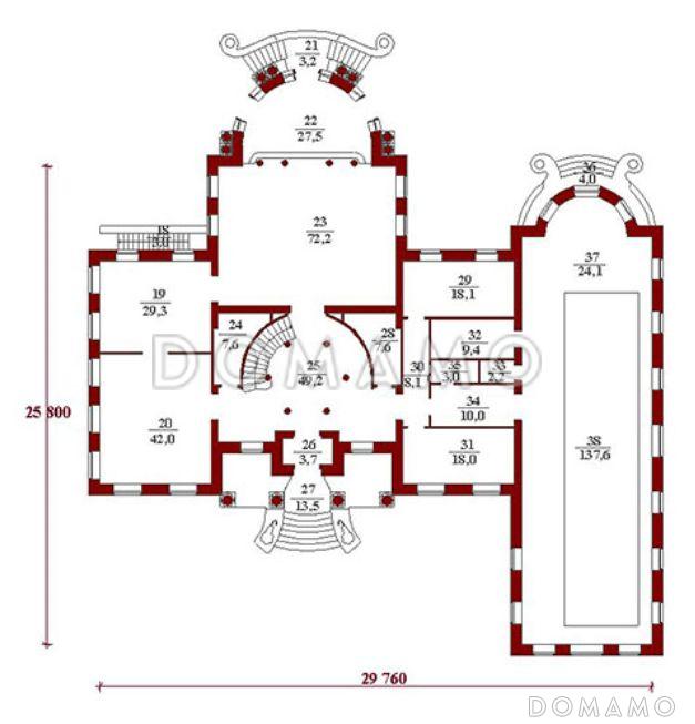 Проект двухэтажного особняка со львами у парадного входа / План 1 этажа