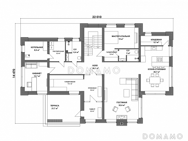 Проект современного дома с большой гостиной, кабинетом и мастер-спальней на первом этаже / План 1 этажа