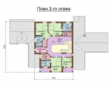 Проект двухэтажного дома с цокольным этажом, бассейном и гаражом на два автомобиля / План 2 этажа