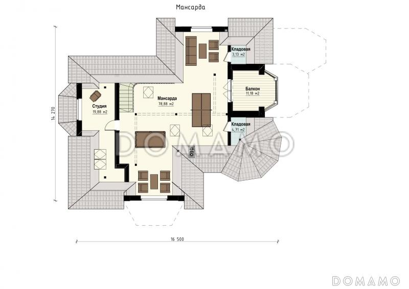 Проект семейного родового дома с террасой, балконами, кабинетами, спортивным залом, сауной / План мансардного этажа
