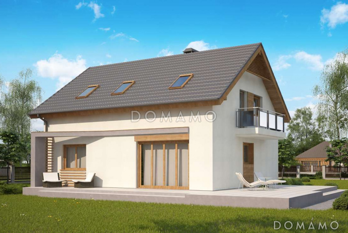 Проект одноэтажного дома из газобетона с оригинальной открытой террасой по периметру и с жилой мансардой