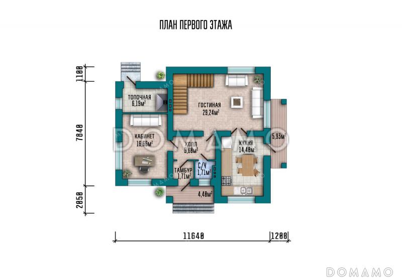 Проект дома из газобетона с 4 спальнями, кабинетом, балконом на две комнаты и котельной с отдельным входом / План 1 этажа