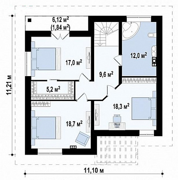 Проект загородного дома с террасой и балконом, кладовыми, просторной ванной с окном на втором этаже / План 2 этажа