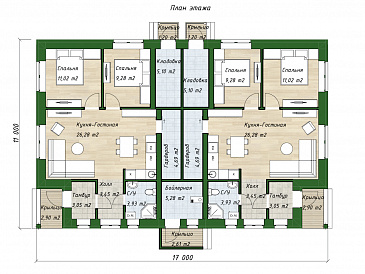 Проект одноэтажного дома из газобетона на две семьи / План 1 этажа