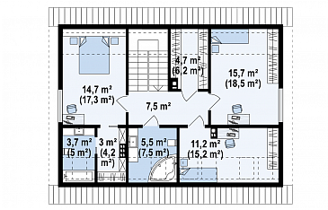 Проект одноэтажного мансардного дома из кирпича с четырьмя спальнями и панорамным остеклением гостиной / План мансардного этажа