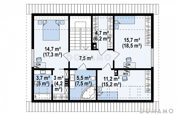 Проект одноэтажного мансардного дома из кирпича с четырьмя спальнями и панорамным остеклением гостиной / План мансардного этажа
