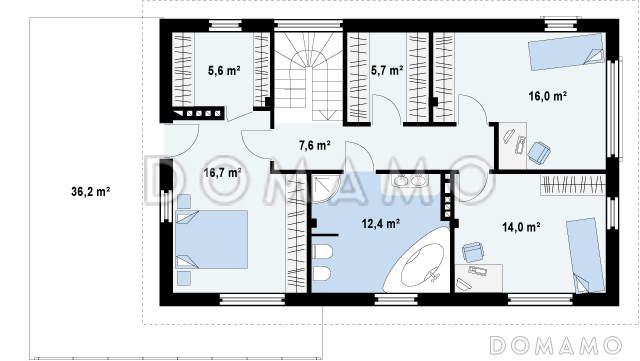 Проект двухэтажного дома из газобетона с четырьмя комнатами, гаражом и открытой террасой над ним / План 2 этажа