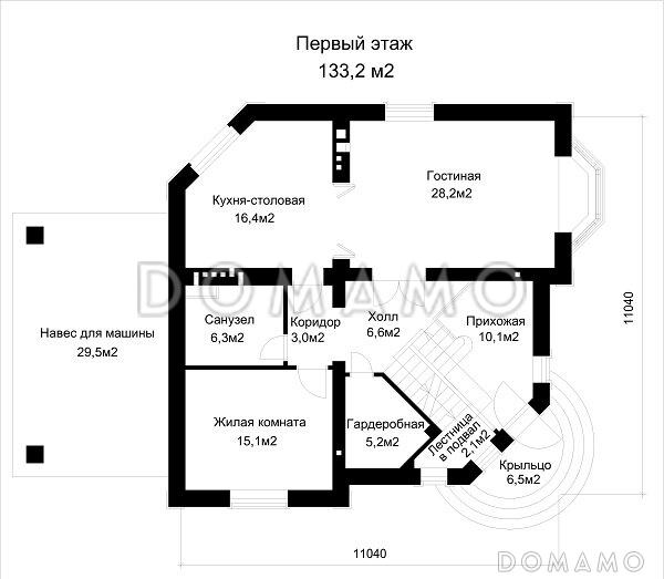 Проект коттеджа с эффектной главной лестницей, со спортзалом в подвале, и угловым крыльцом / План 1 этажа