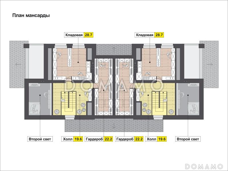 Проект загородного дома с изолированной кухней, крытой террасой, лоджиями, вторым светом / План мансардного этажа