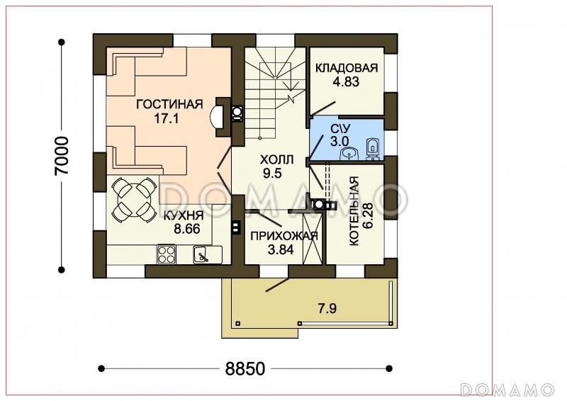 Проект компактного двухэтажного коттеджа с облицовкой входного фасада камнем / План 1 этажа