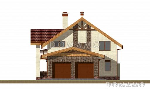 Проект дома с гаражом на две машины, просторной кухней-гостиной с выходом на террасу, гостевой спальней на первом этаже, балконами / Фасад 2
