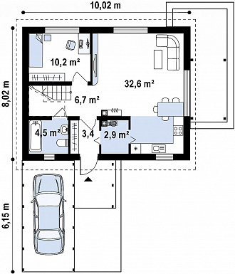 Проект одноэтажного мансардного дома из кирпича с навесом для автомобиля / План 1 этажа