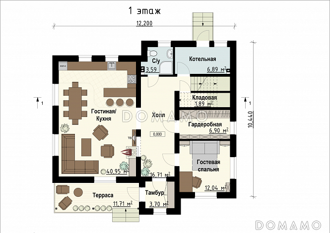 Проект двухэтажного дома с террасой, большой кухней-гостиной, кладовой / План 1 этажа