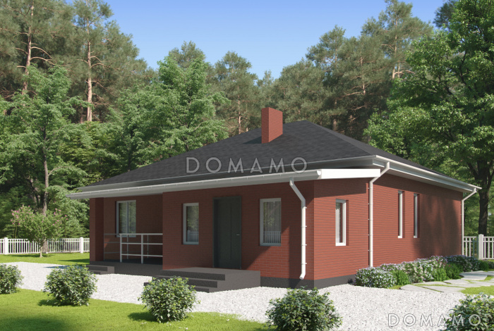 Проект загородного дома с террасой, просторным тамбуром, ванной и душевой, кухней-столовой в центральной части дома