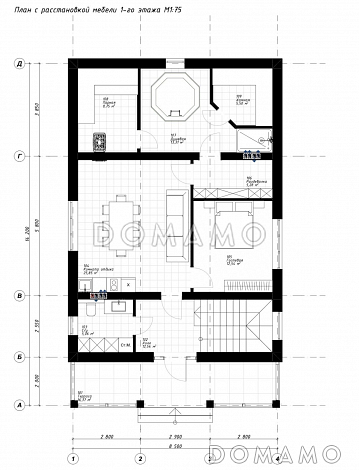 Проект дома со спа-зоной, одной спальней, бильярдной и широким балконом на мансарде / План 1 этажа