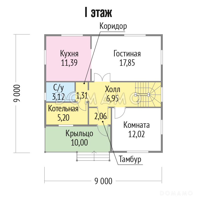 Проект каркасного дома с удобной планировкой и большим балконом / План 1 этажа