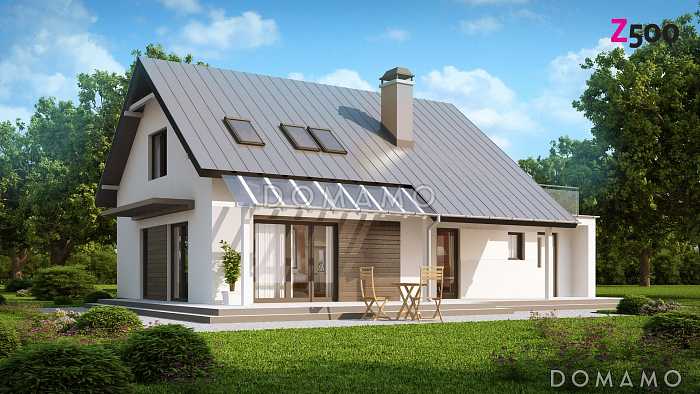 Проект одноэтажного мансардного дома из кирпича со встроенным гаражом и открытой террасой над ним