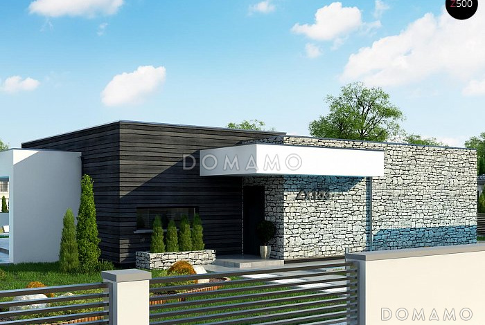 Проект современного одноэтажного дома из кирпича с плоской крышей, с тремя спальнями, кабинетом и внутренним двориком