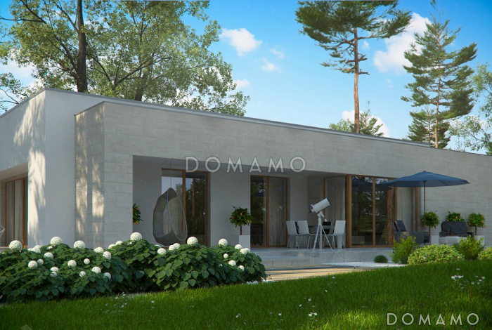 Проект одноэтажного дома из кирпича с плоской крышей, с угловым остеклением гостиной