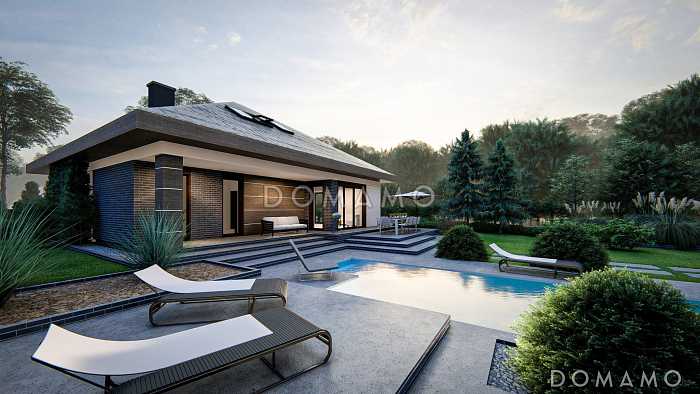 Проект загородного дома с мансардой, гаражом на одну машину, кладовой под лестницей и в кухне