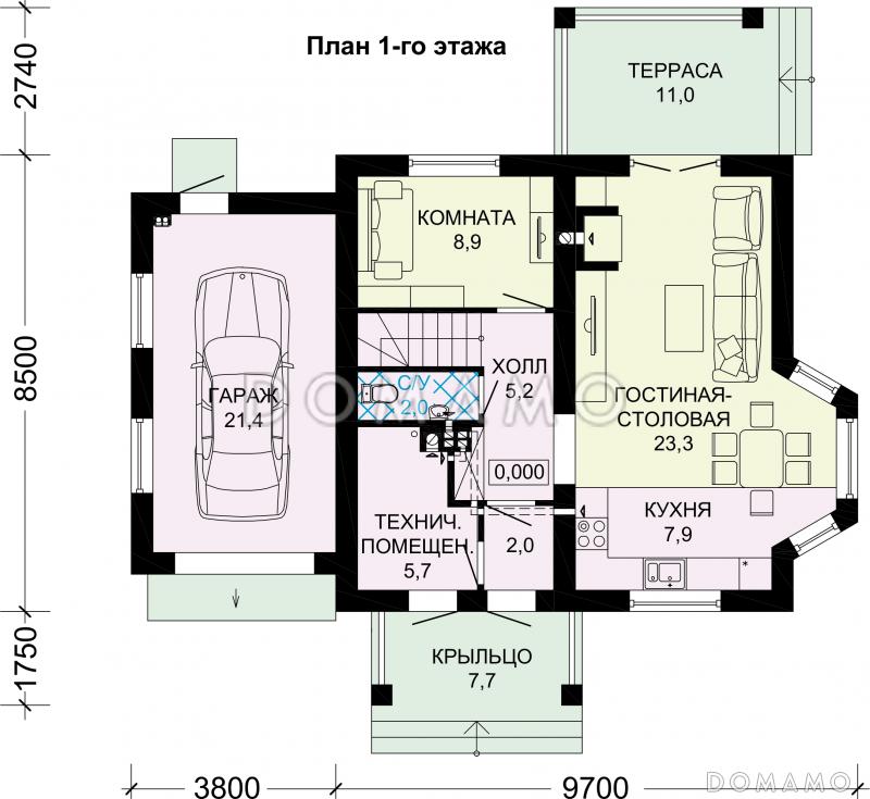 Проект одноэтажного дома из газобетона с мансардой, эркером, гаражом и шатровой ломанной крышей / План 1 этажа