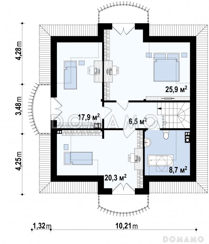 Проект классического одноэтажного мансардного дома из газобетона с кабинетом, хозяйственным помещением и с балконами в каждой из трёх спален / План мансардного этажа