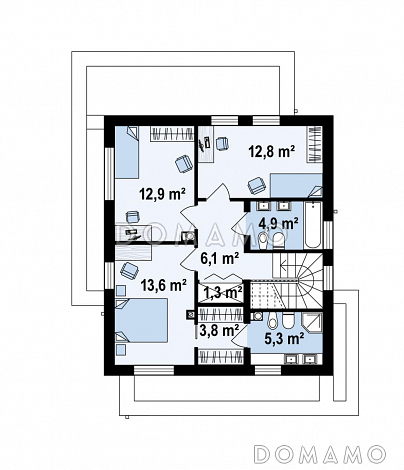 Проект хорошо зонированого двухэтажного дома с кабинетом, мастер-спальней, кладовой / План 2 этажа