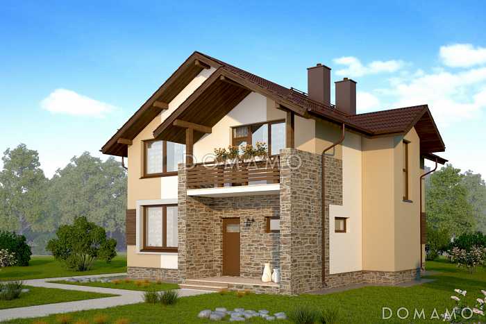 Проект коттеджа с пятью спальнями, коричневой крышей и белыми оштукатуренными стенами