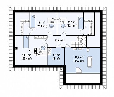 Проект одноэтажного мансардного дома из газобетона с гостевой спальней и кабинетом на первом этаже и встроенным гаражом / План мансардного этажа