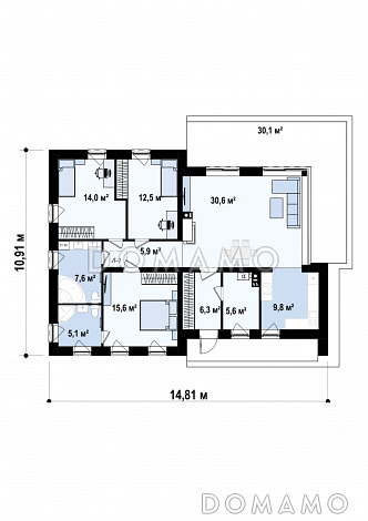 Проект современного одноэтажного дома с плоской крышей из газобетона с тремя спальнями и панорамным остеклением гостиной  / План 1 этажа