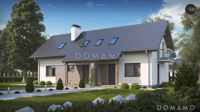 Проект одноэтажного мансардного дома из газобетона с отдельными входами для двух семей