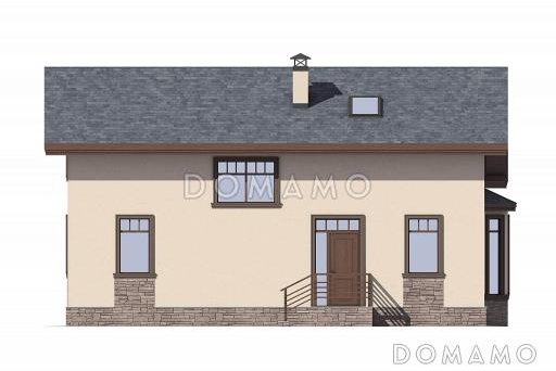 Проект дома с эркером в кухне, двумя спальнями на первом этаже, гостиной с камином, террасой / Фасад 4