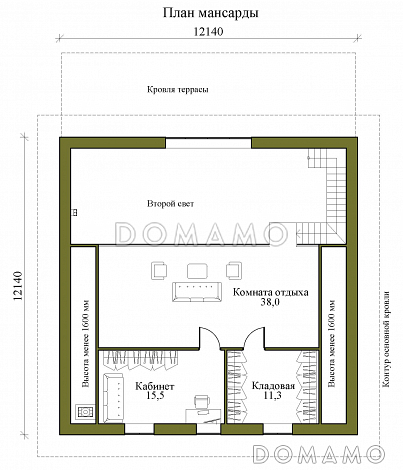 Проект одноэтажного кирпичного дома с мансардой, вторым светом и крытой террасой / План мансардного этажа