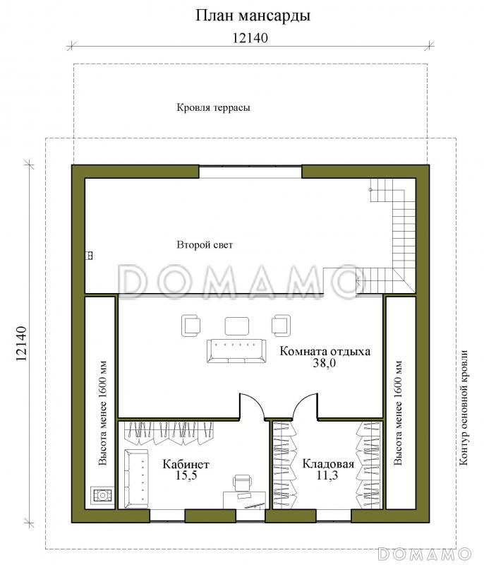 Проект одноэтажного кирпичного дома с мансардой, вторым светом и крытой террасой / План мансардного этажа