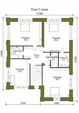 Проект двухэтажного дома с гостевой, гостиной и кухней столовой на первом этаже / План 2 этажа