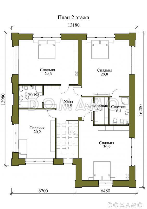 Проект двухэтажного дома с гостевой, гостиной и кухней столовой на первом этаже / План 2 этажа