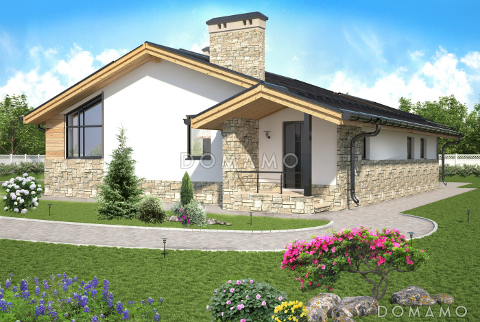 Проект одноэтажного дома с крытой террасой, сауной, тремя спальнями, большой кухней-столовой