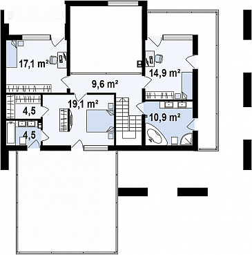 Проект современного двухэтажного дома из газобетона с плоской крышей с четырьмя спальнями, кабинетом, гаражом и большой площадью остекления / План 2 этажа