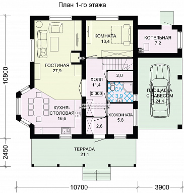 Проект дома из пенобетона с местом для машины / План 1 этажа
