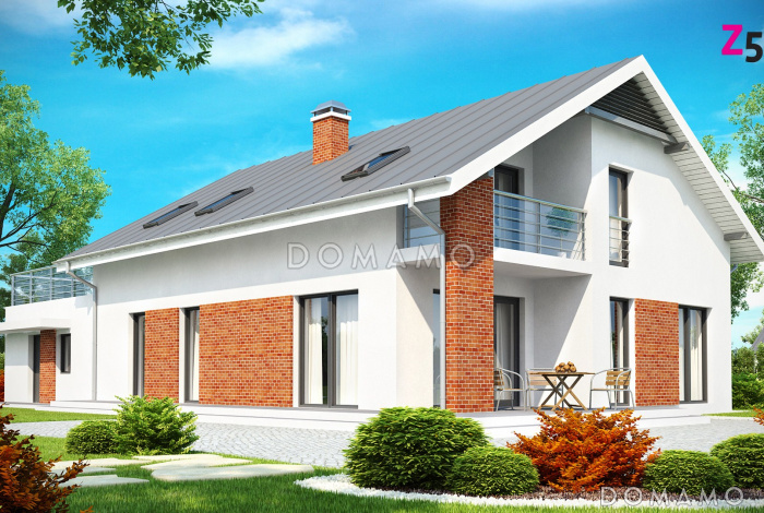 Проект просторного одноэтажного дома с мансардным этажом из кирпича со встроенным гаражом и большой террасой над ним