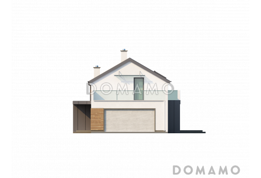 Проект двухэтажного дома из кирпича с двухскатной крышей с четырьмя комнатами, гаражом и открытой террасой над ним / Фасад 1
